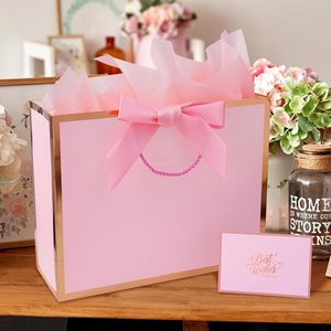 Bolsa de Regalo Rosa con Cinta y Asa, Tarjeta de Felicitación, Papel de Seda, Marco Dorado Rosa para Niñas, Compromisos Nupciales, Cualquier Ocasión - Product Image 5