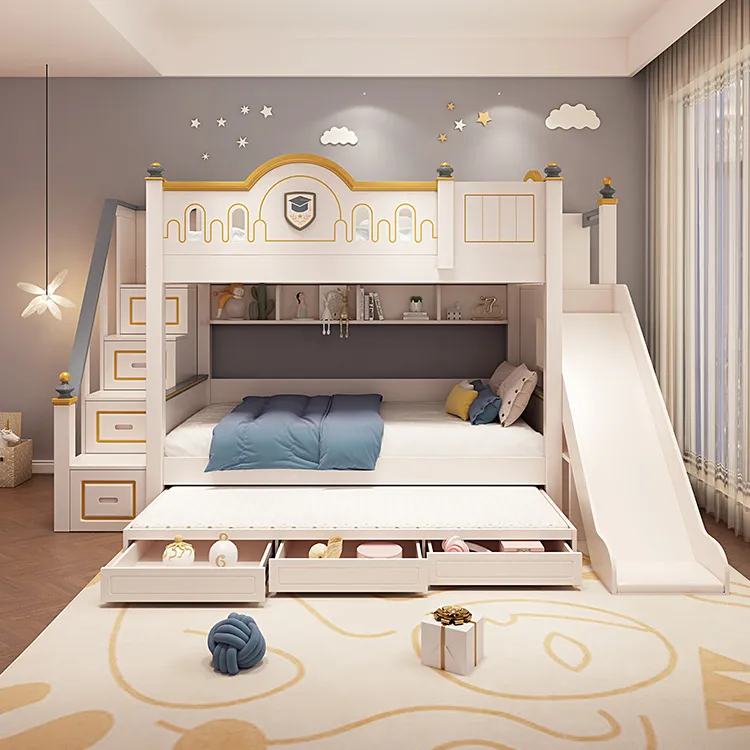 Nouveau Style d'usine chambre de fille en bois écologique enfants lits superposés doubles avec toboggan lits superposés modernes roses pour enfants