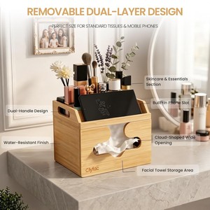 Clyfac Bamboo Tissue Box With Phone Slot Multi Functional <b>Desktop</b> Organizer For Vanity Countertop - Product Image 4