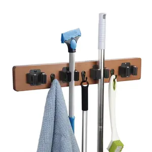 2024 Rustic Wood Wall Mounted Cleaning Tools Closet Organizer Wooden Mop Broom Holder Organizer