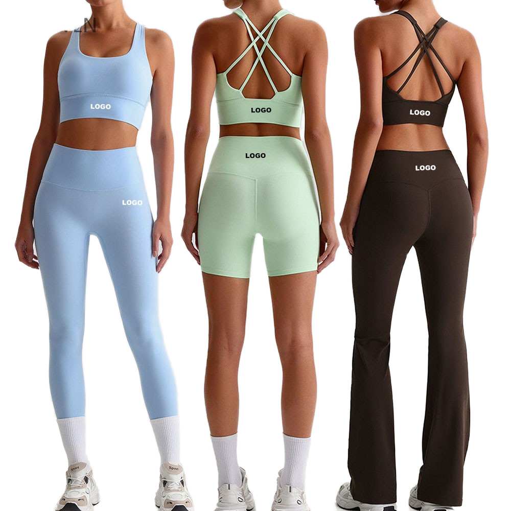 Nude Solid Lace Ultra Soft Butter Feel High Quality 4-Piece Yoga Set Breathable Nylon/Cashmere Crisscross Straps Sports Bra
