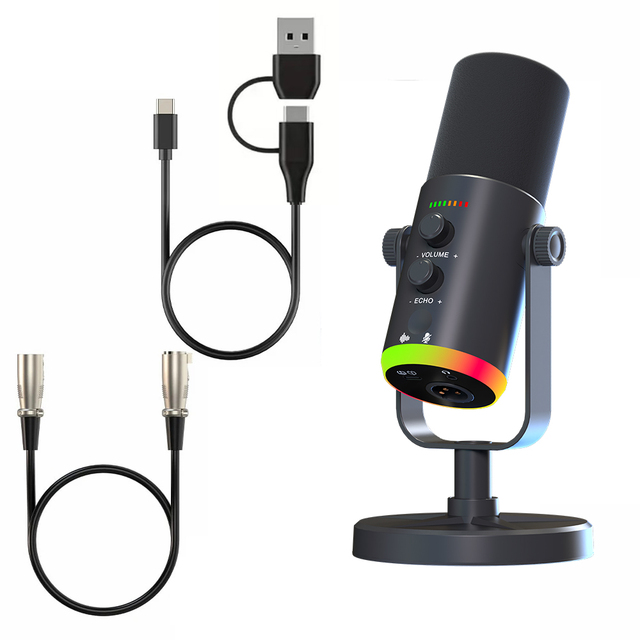 Professional USB and XLR Podcast Recording Dynamic Mic Game XLR Mic RGB Light Condenser Mike for Podcasts Videos Streaming