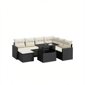 Cream White Pe <b>Rattan</b> Garden <b>Sofa</b> Set Black And Cream Color Scheme Outdoor Furniture 6 Seater Weather Resistant - Product Image 1