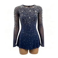 Robe de patinage artistique bleu marine entièrement ornée de strass, dos nu, manches longues, en maille pour enfants et adultes, pour compétitions sur glace