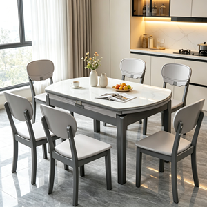 Juego de Mesa de Comedor Ovalada de Piedra Sinterizada, Estilo Moderno y Minimalista, con 6 Sillas, Diseño Extensible para el Comedor del Hogar - Product Image 5
