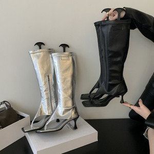 Bottes longues montantes pour femmes 2026, à bout ouvert, talons fins, fermeture éclair, respirantes, extensibles, style claquettes, pour l'été - Product Image 1
