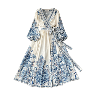 2025春季复古女式长裙优雅正装V领系带自然腰围印花半身裙半透明灯笼袖 - Product Image 1