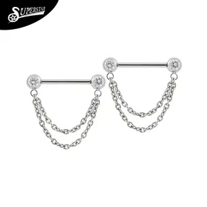 Superstar Custom Fashion Double Chain Zirconia Body Nipple Piercing Jewelry Titanium Threadless Nipple Rings