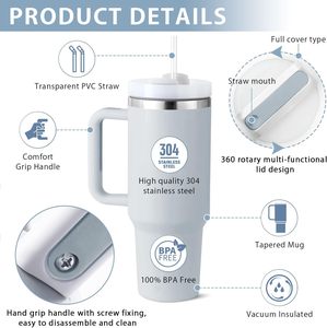 Mug isotherme à double paroi en acier inoxydable de 40 oz, gobelet de voyage avec poignée, couvercle et paille, vente en gros en stock - Product Image 3
