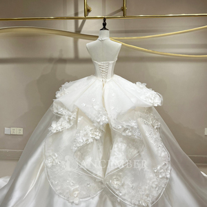 Robe de mariée JFH107 Royal sans bretelles, avec volants, en dentelle florale moderne ivoire, appliques en cristal brodées, longueur ras du sol, traîne chapelle - Product Image 6