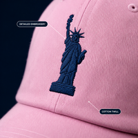 Casquette de baseball personnalisée brodée, style Dad Hat, en sergé de coton rose, six panneaux, réglable, motif Statue de la Liberté, souvenir, vente en gros, OEM, faible MOQ