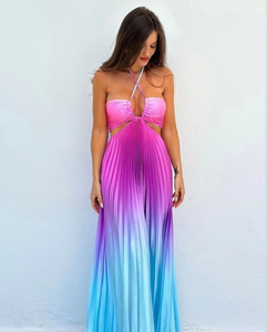 Elegante gradiente traforato plissettato lungo e Sexy senza schienale estivo per festa indossa un prendisole di lusso con cavezza per le donne da spiaggia - Product Image 4