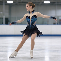 Robe de patinage et de danse pour enfants et adultes, noire et bleue, avec manches longues en maille nude, strass, plumes et découpe au dos, pour compétition et spectacle de patinage sur glace