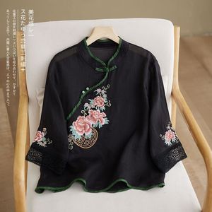 Traditional Chinese Women's Embroidered Cotton Linen Tea Robe Red Mid Sleeve Stand Collar Shirt With Floral Design - Product Image 2