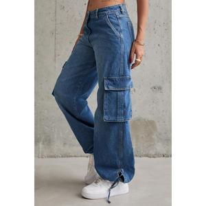Pantalones Vaqueros Azules para Mujer, Estilo Cargo, con Bolsillos Laterales, 100% Algodón, Corte Ancho - Product Image 4