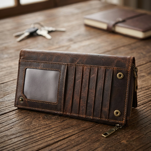 Portefeuille de motard en cuir véritable avec fermeture ouverte en tissu vintage, design portable, motif filigrané - Product Image 3