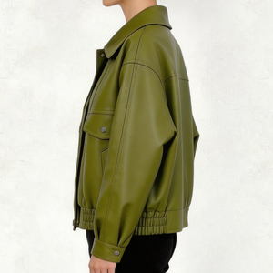OFTBUY Nuova <span class=keywords><strong>Giacca</strong></span> Autunnale Verde in <span class=keywords><strong>Ecopelle</strong></span> da Donna, Modello Ampio a Maniche Lunghe con Orlo Elastico, Cappotto Biker Femminile in Pelle PU, Soprabito - Product Image 5