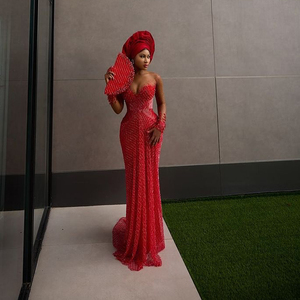 Vestidos de noche personalizados con cuentas brillantes Aso Ebi, tallas grandes, con cristales, mangas largas, vestidos de fiesta de boda tradicionales africanos - Product Image 6