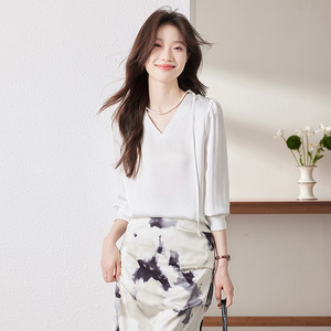 French Style V-neck Ribbon Draped Blouse Women Spring Summer Satin Solid Color Commuting Shirt Q9948 - Product Image 4