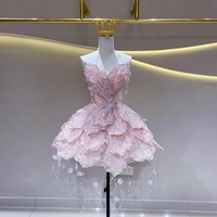 Robe de soirée mini rose à sequins Jfh161, sans bretelles, à volants, en tulle, ornée de perles et de franges, courte, pour mariage ou cocktail Jancember