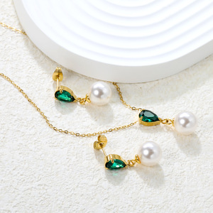 Juego de aretes y collar de perlas en forma de lágrima de acero inoxidable para mujer, joyería de fiesta con incrustaciones de circonita y engaste de bisel. - Product Image 3