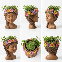 Hars Bloemenmeisje Plantenbak Pot Houtnerf Bloemenbeeld Bloempot Tuinornament Bureaudecoratie