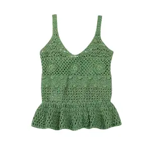 Printemps nouvelle mode crochet jacquard maille tricoté haut dos nu femme