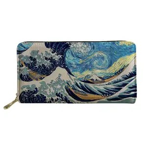 Chinese Style Digital Print Luxury Purses Blue Waves Genuine Leather Wallet for Man