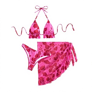 Conjunto de Bikini de 3 Piezas con Estampado Floral y Volantes, Traje de Baño Triangular con Cubierta para la Playa - Product Image 4