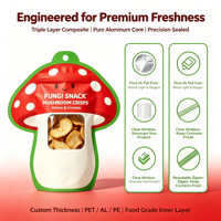 Pochette à fermeture éclair de forme spéciale personnalisée, pour chips aux champignons, avec fenêtre transparente, haute barrière, refermable, emballage alimentaire de qualité supérieure, 35g, sans BPA