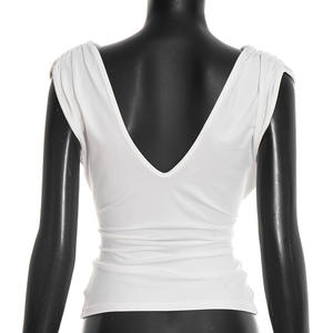 Viviblook J26TP038 Vêtements d'été pour femmes Nouveau pull à col en V couleur unie plissé torsadé débardeur - Product Image 3