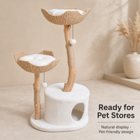 Arbre à chat minimaliste en bois massif avec panier en rotin, poteau à gratter en corde, emballé en carton, tour d'activités intérieure pour chats - Vente en gros