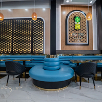 Fabricant de canapés commerciaux haut de gamme de luxe, sièges de restaurant en cuir bleu, table en marbre doré et chaise en métal