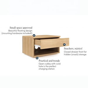 Comodino Sospeso in Legno con Cassetto, Design Minimalista e Ricarica Wireless Integrata - Product Image 5