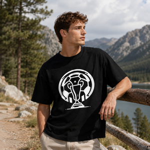 T-shirt personnalisé avec impression de trophée de football et ballon en style minimaliste, T-shirt graphique Coupe de football pour homme, streetwear quotidien - Product Image 3