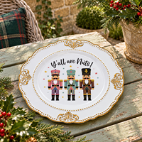 Assiette de présentation élégante en plastique Casse-Noisette 13 pouces, motif imprimé UV avec bordure perlée dorée pour fêtes de Noël et réunions de famille