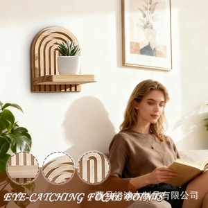 Wooden Wall Mounted <b>Shelf</b> Geometric Shape Natural Color Multi Purpose Storage Living Room Display <b>Rack</b> - Product Image 4