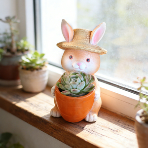 Maceta de Resina con Forma de Conejito con Sombrero de Paja, Maceta Creativa para Suculentas con Diseño de Conejo y Zanahoria, Maceta de Dibujos Animados con Forma de Animal - Product Image 6