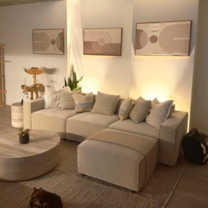 Divano componibile di lusso per soggiorno, set moderno minimalista con ottomana e chaise longue <span class=keywords><strong>a</strong></span> L, effetto lino, per la casa - Product Image 3