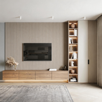 Meuble TV mural moderne en bois cannelé avec étagère LED, meuble multimédia flottant pour téléviseurs de 65 pouces pour salon