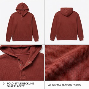 <span class=keywords><strong>Felpa</strong></span> <span class=keywords><strong>con</strong></span> Cappuccio Premium da Uomo in Tessuto Waffle Lavato, Rosso Mattone Intenso, Stile Retrò Casual, Abbigliamento Sportivo alla Moda <span class=keywords><strong>con</strong></span> Colletto a <span class=keywords><strong>Polo</strong></span> <span class=keywords><strong>con</strong></span> Bottoni - Product Image 3