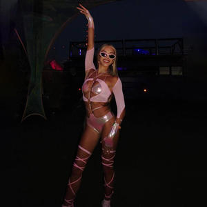 Müzik festivali kadınlar seksi metalik Cut Out Bodysuit kol kollu bacak sarar ile Metal halka Rave kıyafet Coachella kostümleri - Product Image 5