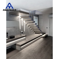 Escalier flottant moderne AMAZBUILD pour villa avec garde-corps en verre trempé, éclairage LED, poutre dissimulée, escalier intérieur écologique