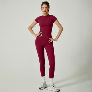 Color sólido de cintura alta Legging Gym Yoga Set Fitness Suit <span class=keywords><strong>Camisa</strong></span> corta Athletic Mujeres <span class=keywords><strong>Traje</strong></span> de 2 piezas - Product Image 5