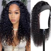 Perruque bandeau populaire 26 pouces, style Afro Kinky Curly Deep Wave, en fibre synthétique résistante à la chaleur, sans colle, avec bonnet en maille élastique réglable