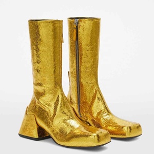 High Quality Metallic Upper Women Thick Heel Zippered Short <b>Boots</b> Square Toe Medium Chunky Heels Shoes Fancy Ankle Booties - Product Image 3