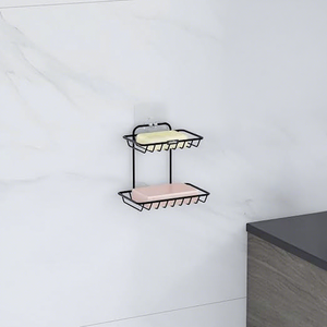 Estante de metal de doble nivel para jabón, soporte de almacenamiento para baño autoadhesivo montado en la pared, diseño minimalista, color negro - Product Image 2