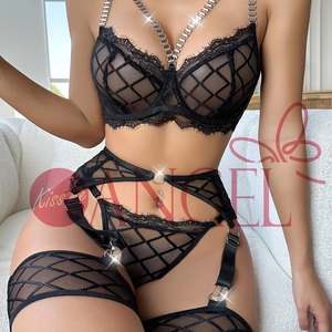 Ensemble de soutien-gorge culotte pour fille KISS ME ANGEL OEM nouvelle chaîne en métal tendance sexy rassemblement de sous-vêtements sexy à gros carreaux en <span class=keywords><strong>maille</strong></span> - Product Image 1