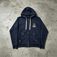 Hoodie Zip Up Bordir Sun Faded Heavyweight Vintage Wash Streetwear Biru Dongker Pria Kasual Atasan Fashion Brand Pakaian Grosir