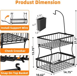 OEM ODM 2-Tier Metal Hierro Encimera Vegetal Pan Snacks Organizador Cesta de frutas con 3 ganchos de plátano - Product Image 6